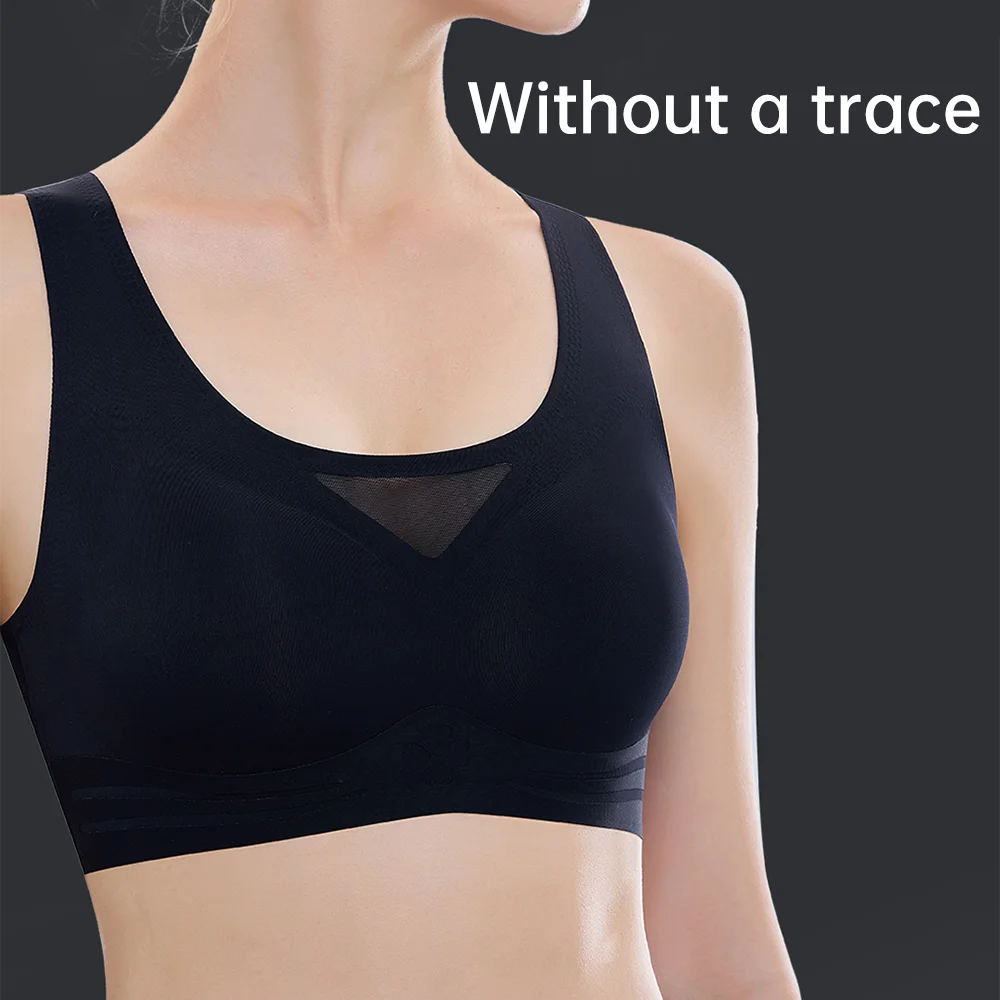 Women's Sports Bra Plus Size Push-Up Seamless Breathable Cool-Feel Underwear Wide Straps Full Cup Black Bras No Hooks Full Cup