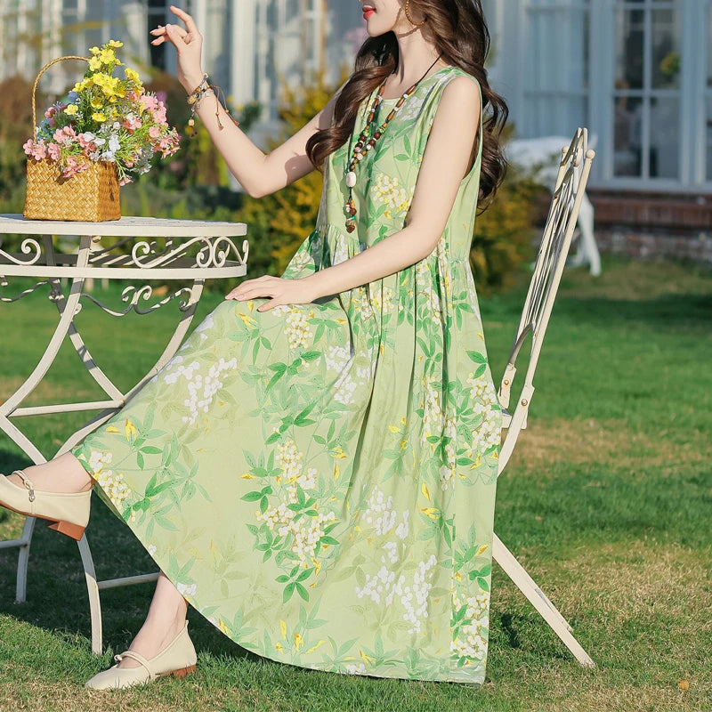 Plus Size Women Dress 2025 Summer Long Dress Vintage Loose Casual Elegant  Sleeveless Dress Women