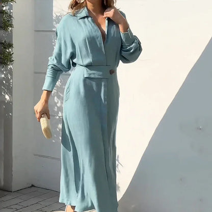 Spring Summer Women Dress Plus Size White Casual V Neck Lapel Long Sleeve Shirt Maxi Dresses Female Pocket Party Long Robe