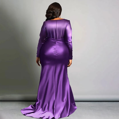 Plus Size Elegant Women Dress Solid V-Neck Long Sleeve High Waist Luxury Evening Gown Party Wedding Guest Fishtail Long Dresses