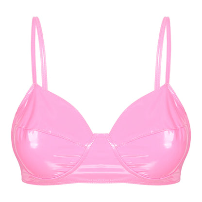 Women Bras Tops Wet Look Faux Leather Bra Top Sexy Lingerie Wire Free No Pad Bralette Underwear Femme Womans Intimates