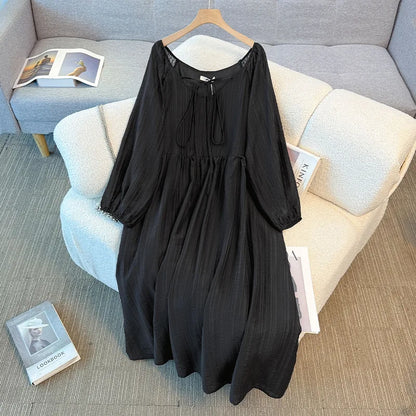 150Kg Plus Size Women's Bust 151 Autumn Solid Color Strap Casual Style Square Neck Long Sleeved Dress 5XL 6XL 7XL 8XL 9XL