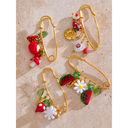 Yhpup 1Pcs Fashion Plastic Strawberry Fruit Heart Flower Shell Drop Charm Clasp Pin 18K Golden Plated Stainless Steel Jewelry
