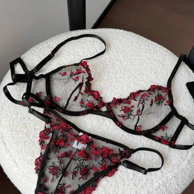 European Women Alluring Sheer Lace Embroidery Underwire Bra, Big Bust Support Minimize Anti‑Sagging Soft Lingerie S‑XL  Bra Set