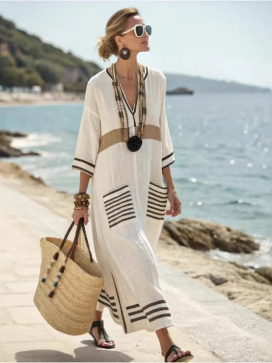 Plus Size Dress Women Boho Striped Extra Long V Neck Oversized Robe Summer Linen Beach Vacation Daily Casual Commuting Vestidos