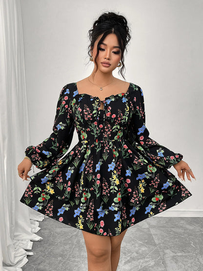 Women Plus Size Mini Dress Black Floral Square Neck Tie Front Puff Sleeve Ruffle Skater Dress Fall Casual Short Dress Daily Wear
