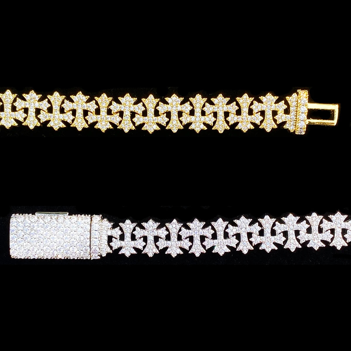 Aokaishen Iced Out Cross Link Bracelet  for Men 5A Cubic Zirconia Gold Plated Hip Hop Jewelry