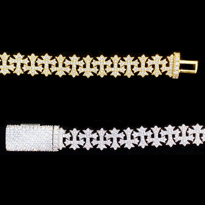 Aokaishen Iced Out Cross Link Bracelet  for Men 5A Cubic Zirconia Gold Plated Hip Hop Jewelry