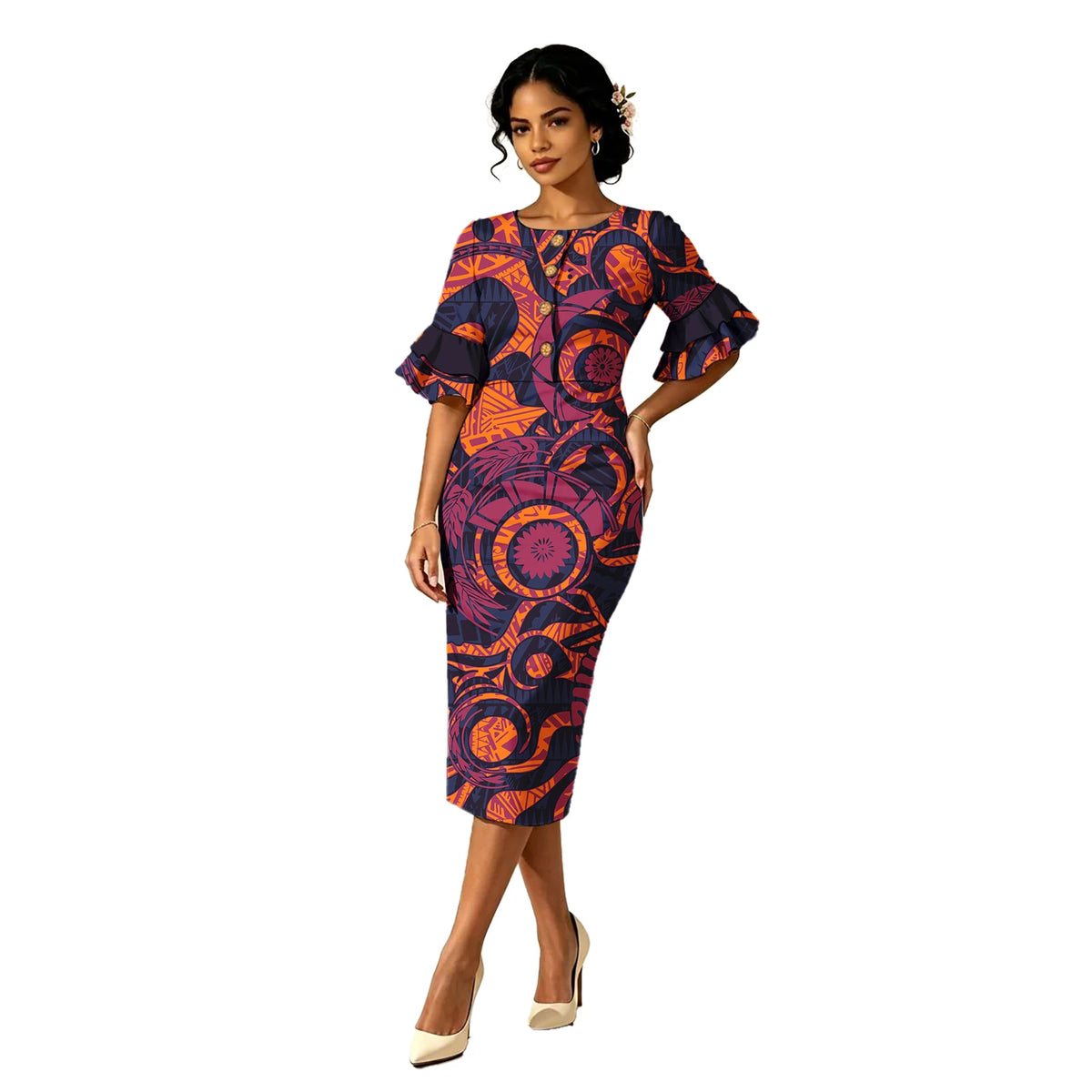 Plus Size Ladies Polynesian Classic Coconut Button Midi Wrap Dress Tribal Design Cascading Petal Sleeve Samoan Dress for Women