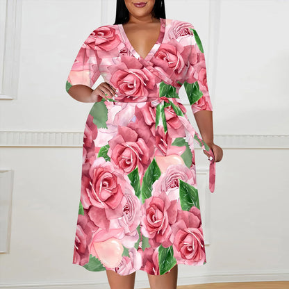 Plus size dress for curvy women Floral V-neck 3/4 sleeve A-line skirt with belt