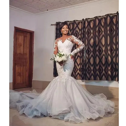 Plus Size South African Wedding Dresses Black Girls Mermaid Long Sleeves Lace Bridal Gown Vestido De Noiva Customized
