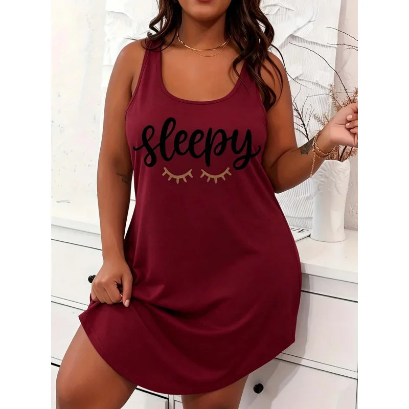 Plus-Size Women's Casual Sleepwear, Letter-Print Round Neck Curved Hem Straight Sleep Dress, Plus-Size Summer Cool Home Clothing