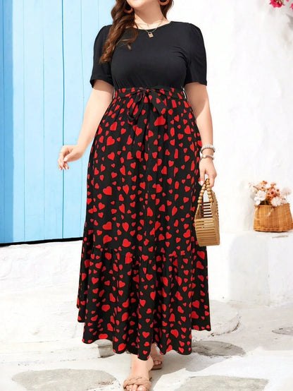 Plus Size Summer Round Neck Dress with Puff Sleeves, Short Sleeves, Ruffled Hem, Slim Waist and Medium-Length Fashionable Dress