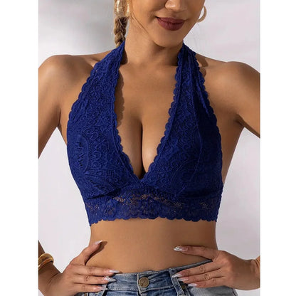 Plus Size Sexy Floral Lace Backless Halter Bra Comfy & Breathable Deep V-neck Seamless Wire Free Bras Women Underwear