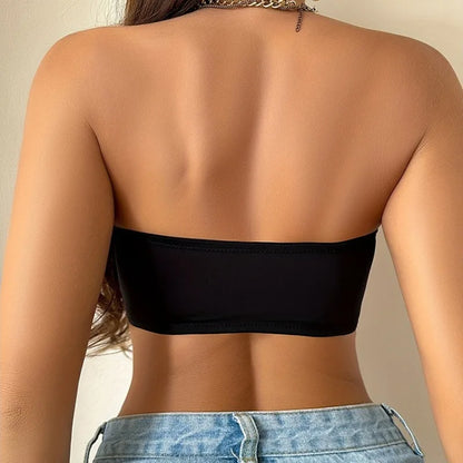 Women's Bra Black Front Buckle Removable Padded Wireless Soft Ice Silk Traceless Bra Strapless Underwear for Women Strapless Bra