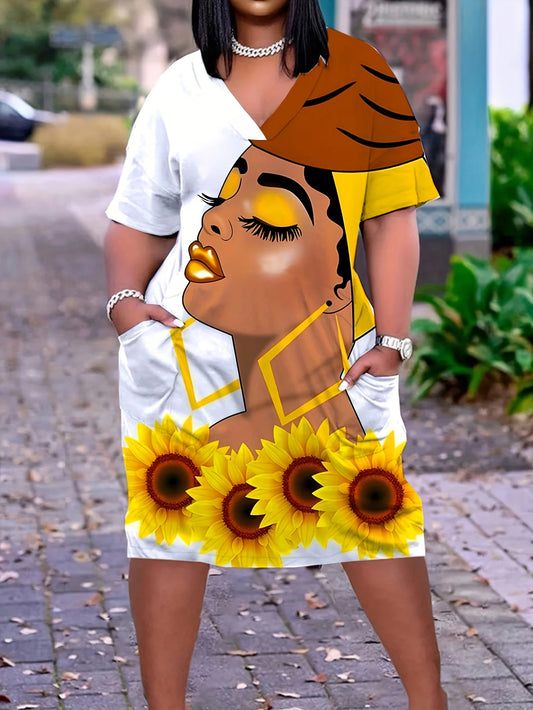 Plus Size Cartoon Woman & Flower Print Dress Casual V Neck Short Sleeve Dress For Spring & Summer Women's Plus Size Clothing