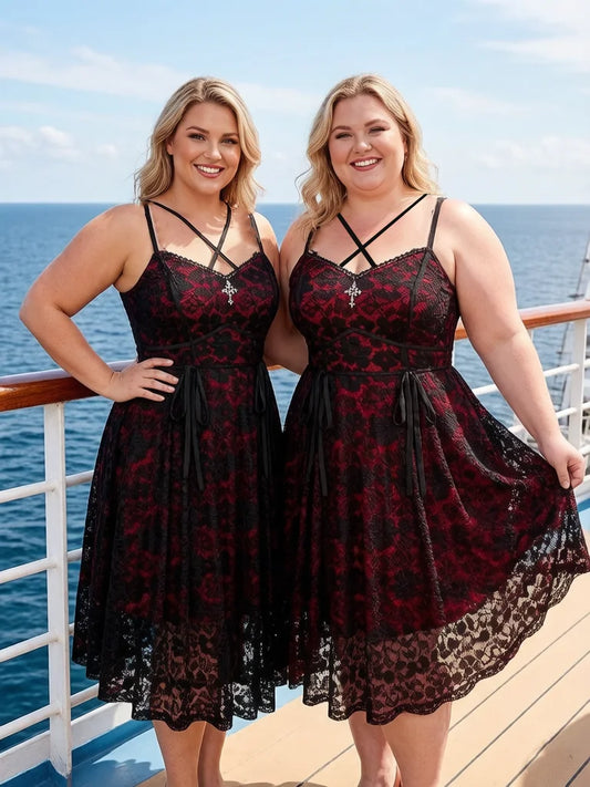 Plus Size Gothic Lace Midi Dresses Women Black Red Floral Overlay Crisscross Strappy Cami Dress Vintage Tie Waist Dress Vestidos