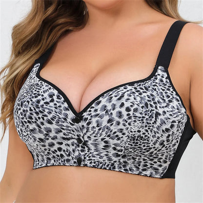 Real Plus Size Bra With Front Closure Button Wireless Back & Posture Support Bra Leopard Print Wirefree 50 52D 5XL