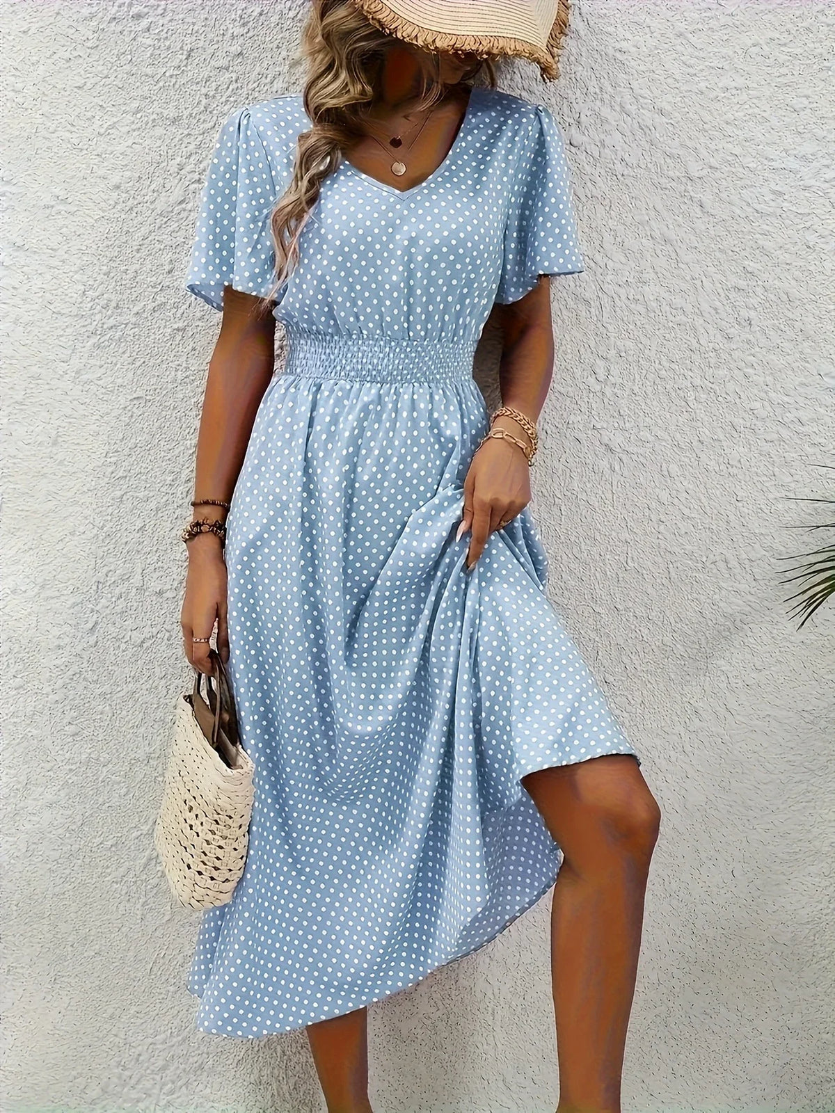 Plus Size 1XL-5XL Womens Summer V Neck Maxi Dress Short Sleeve Hollow Out Flowy Beach Dress Trendy Ruffle Hem A-Line Dresses