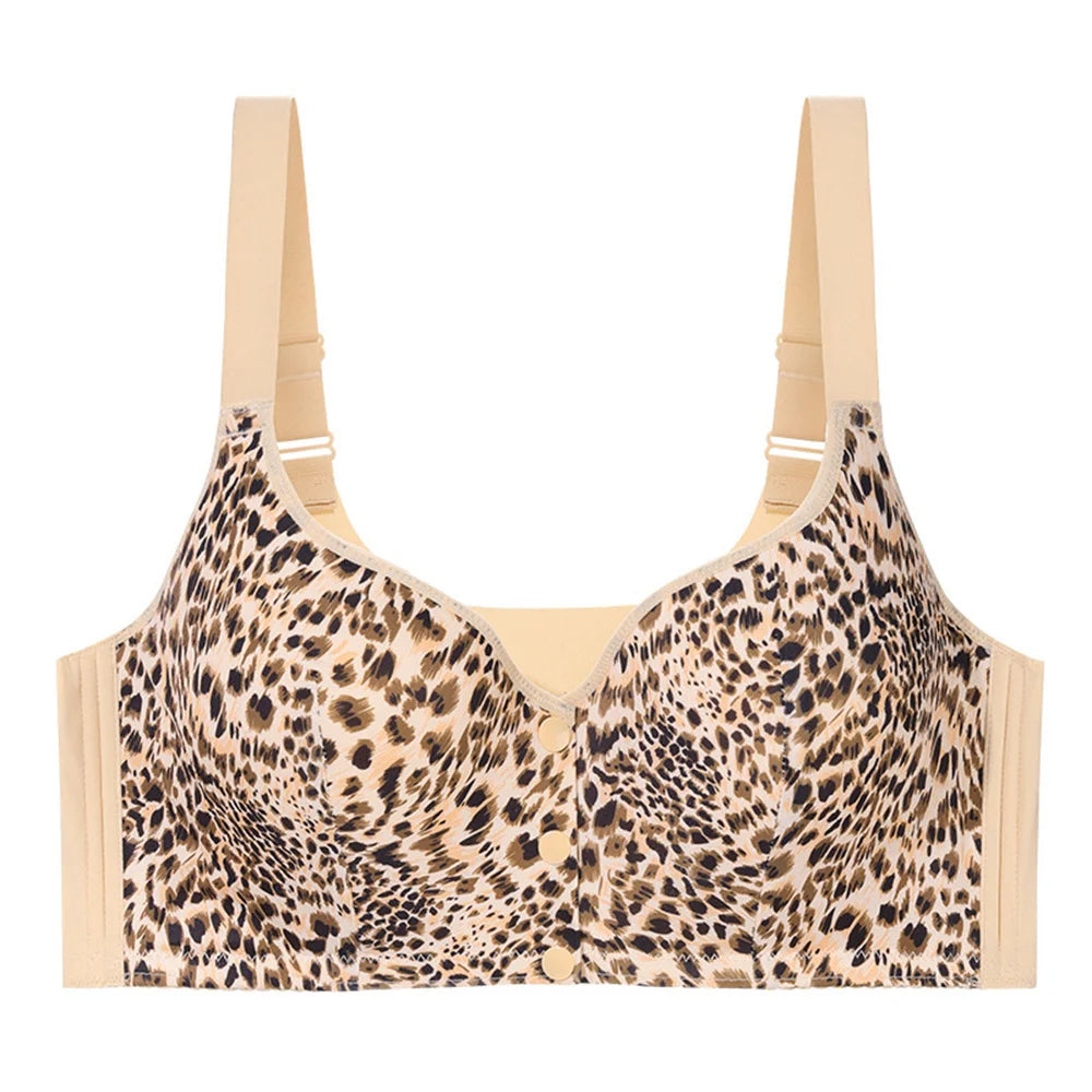 Real Plus Size Bra With Front Closure Button Wireless Back & Posture Support Bra Leopard Print Wirefree 50 52D 5XL