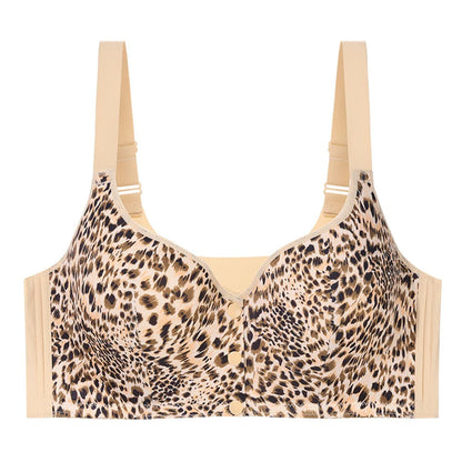 Real Plus Size Bra With Front Closure Button Wireless Back & Posture Support Bra Leopard Print Wirefree 50 52D 5XL