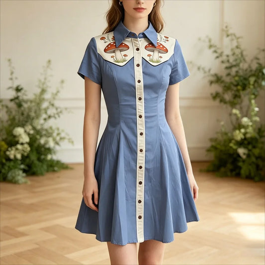 Women's Plus Size Cute Mushroom Print Lapel Collar Dress Button Down Slim Fit Casual Party Dress Cotton Soft Casual Dresses
