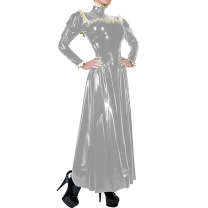 Plus Size Ladies Elegant Long Dress High Neck Ruched Trims Long Sleeved Vestidos Bodycon Back Zip Wetlook PVC Leather Ball Gowns