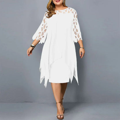 Elegant Women Party Dress Plus Size Evening Dresses Hollow Out Lace Sleeve Monochrome Irregular Hem Chiffon Dress