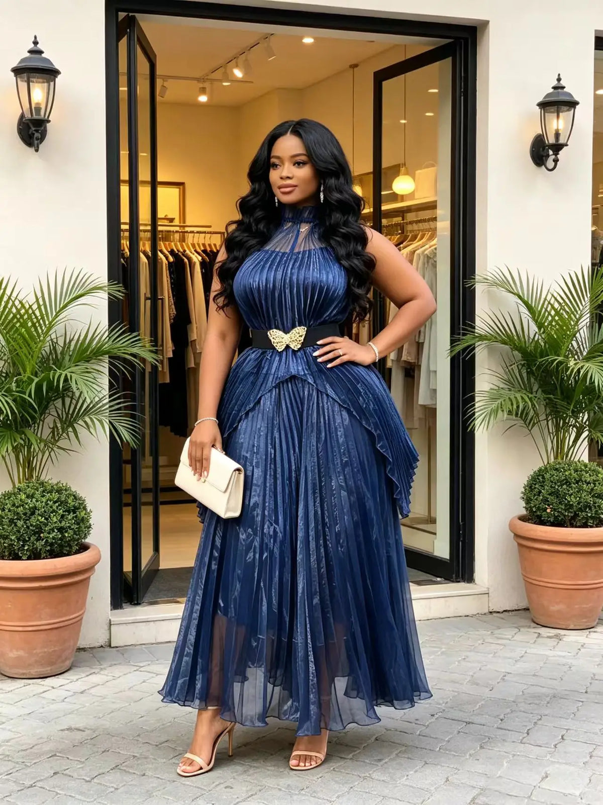 Plus Size Women Two Piece Pleated Skirt Set High Neck Sleeveless Top Midi Dress with Black Gold Butterfly Belt Ladies Elegant Ou