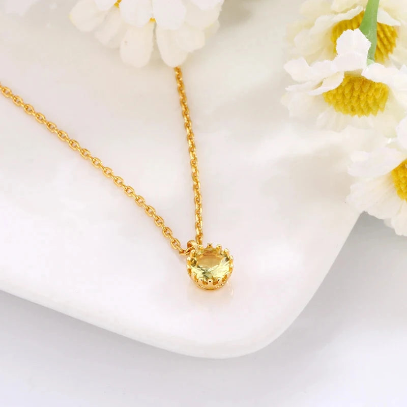 2026 New Gold Plated Crown Bezel Round Citrine Pendant Necklace Single Yellow Gem Dainty  Chain Choker For Women Jewelry