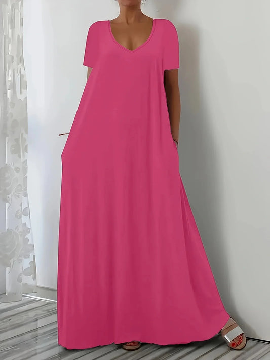 Plus Size Summer new long skirt casual loose short sleeved solid color V-neck plus size dress for women