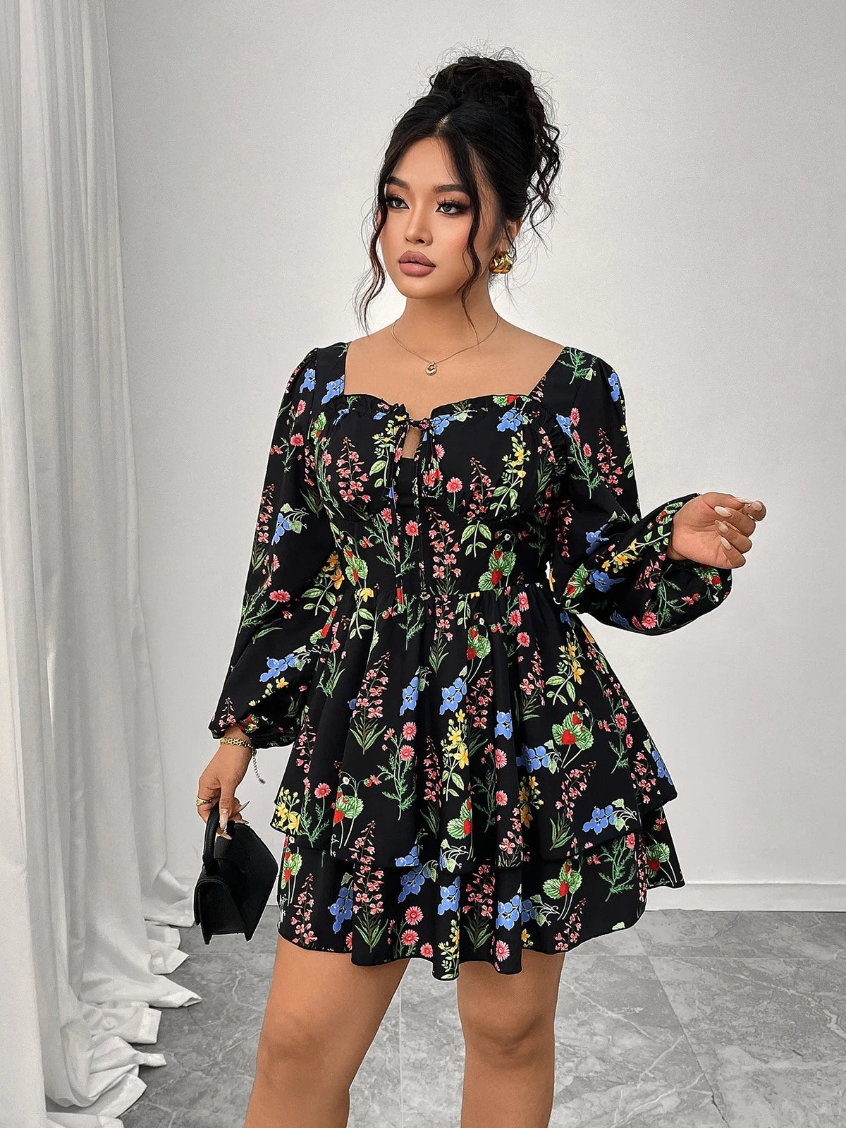 Women Plus Size Mini Dress Black Floral Square Neck Tie Front Puff Sleeve Ruffle Skater Dress Fall Casual Short Dress Daily Wear