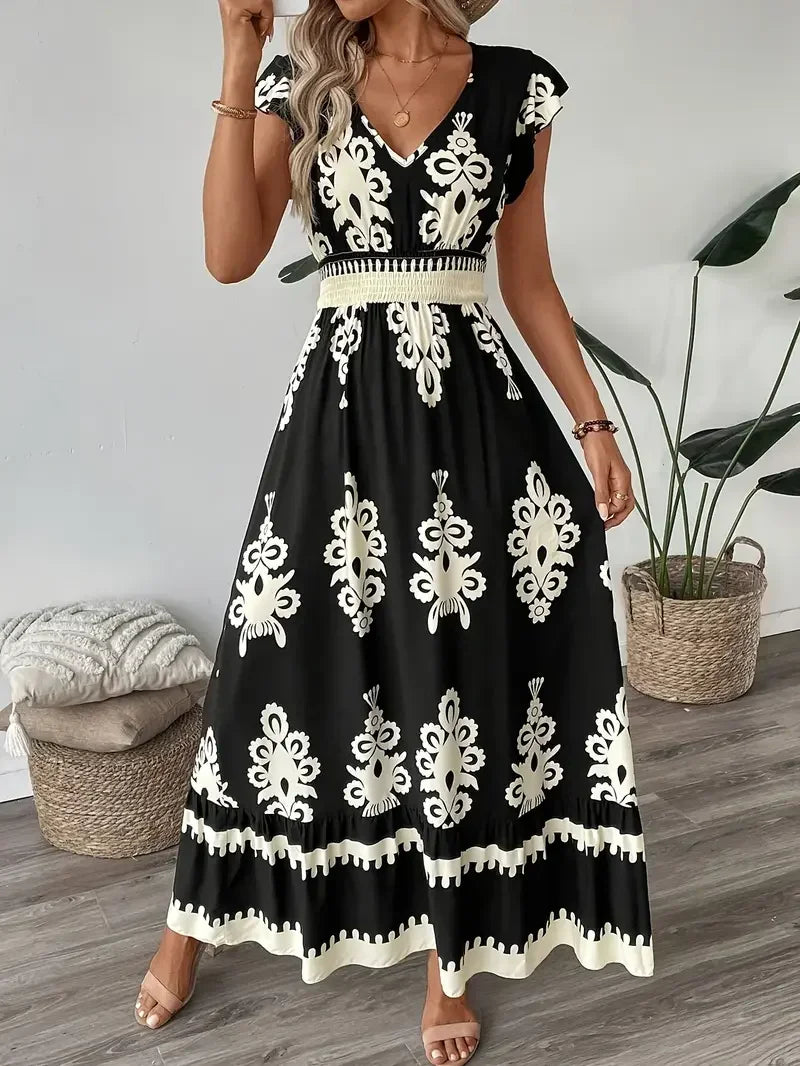 Plus Size New Women Fashion Floral Print V-Neck A-Line Dress with Ruffled Cap Sleeves Ladies Elegant Print Loose Summer Dress