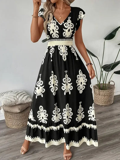Plus Size New Women Fashion Floral Print V-Neck A-Line Dress with Ruffled Cap Sleeves Ladies Elegant Print Loose Summer Dress