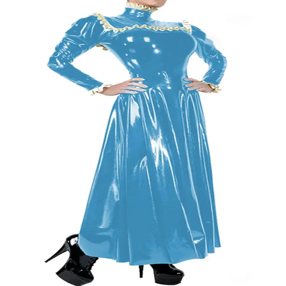 Plus Size Ladies Elegant Long Dress High Neck Ruched Trims Long Sleeved Vestidos Bodycon Back Zip Wetlook PVC Leather Ball Gowns