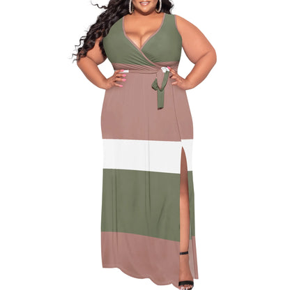 Plus Size Womens Sexy Casual Dresses for Curvy Women 3D Printed halterneck V Neckline Short Sleeve Loose High Vent Maxi Dress