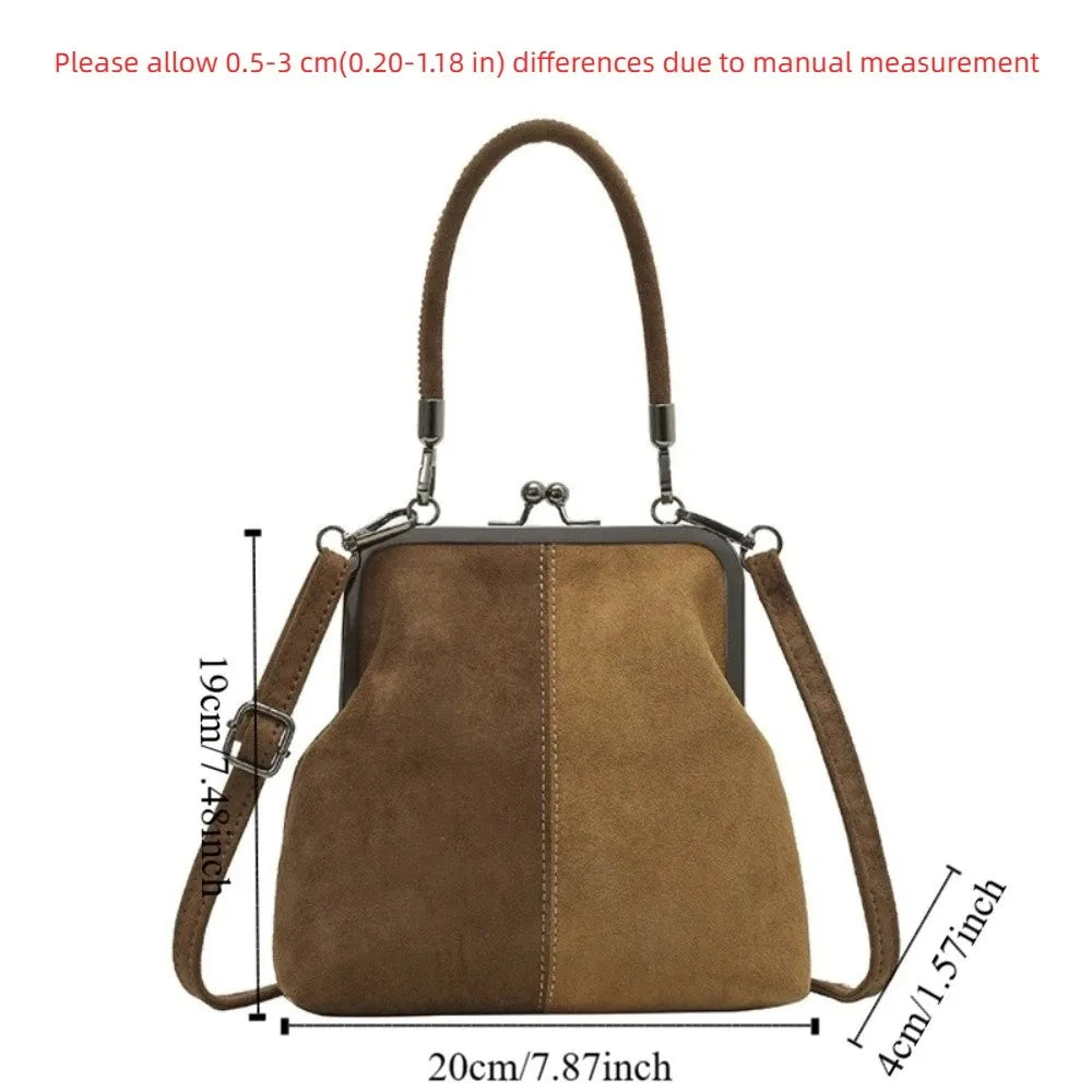Large Capacity Retro Frosted Handbag Kiss Lock Short Handle Leather Crossbody Bag PU Clip Closure Clutch Shoulder Bag