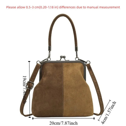Large Capacity Retro Frosted Handbag Kiss Lock Short Handle Leather Crossbody Bag PU Clip Closure Clutch Shoulder Bag