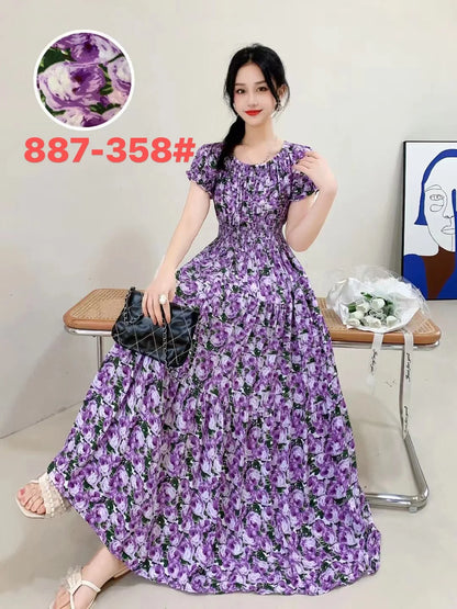 Women's Plus Size Bohemian Style Long Summer Dress for Women Floral Cotton Beach Round Neck Indian Clothing Vestido Robe Female