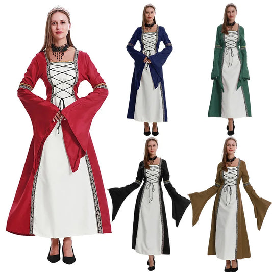 Women Plus Size Square Neck Flare Long Sleeve Retro Lace Up Gothic Evening Dress Elegant Outfit For Ball Party Stage Role Play