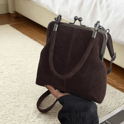 Large Capacity Retro Frosted Handbag Kiss Lock Short Handle Leather Crossbody Bag PU Clip Closure Clutch Shoulder Bag