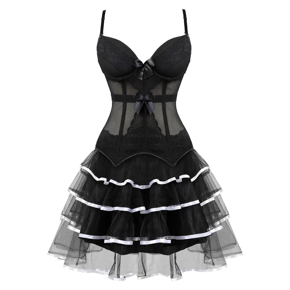 Burlesque Corset Dresses for Women Plus Size Sexy Corset Lingerie Top With Cup Black Sexy Lace Corset Dress With Straps
