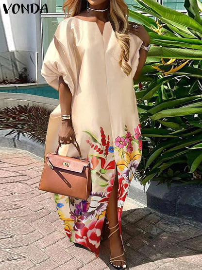 Plus Size 5XL Women Satin Silk Dress 2025 Bohemian Summer Maxi Long Sundress Elegant V Neck Vestidos Casual Loose Robe Femme