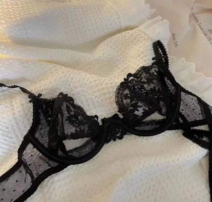 Ultra Thin Bra Set for Petite Chest: Anti-Sag Soft Wire Uplift, Sheer French Lace Bralette & Briefs, Plus Size Women 32 - 38 A B