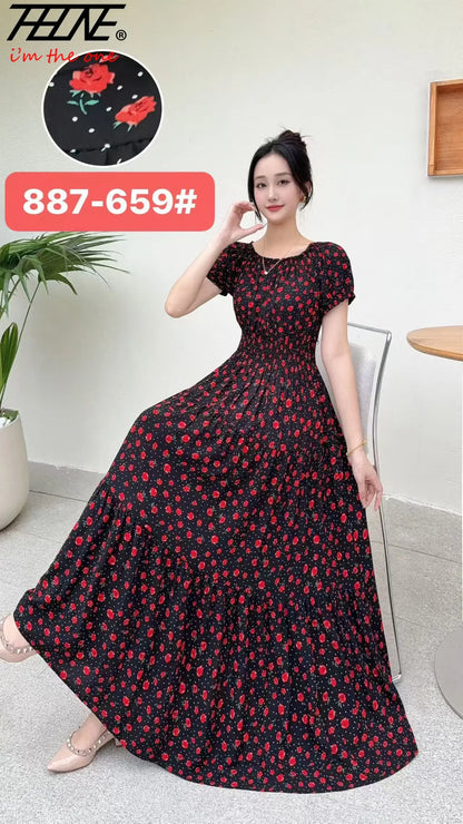 Women's Plus Size Bohemian Style Long Summer Dress for Women Floral Cotton Beach Round Neck Indian Clothing Vestido Robe Female