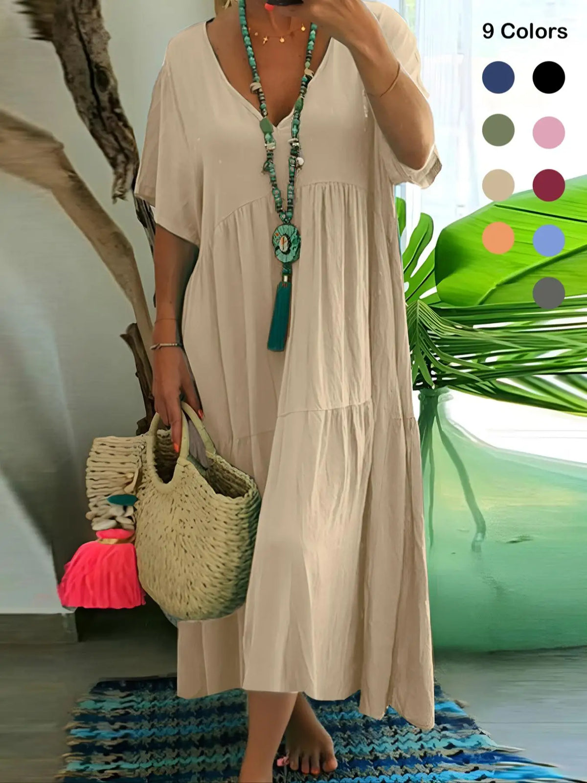 Plus-Size Women's Casual, Loose-Fitting, V-Neck Solid-Color Long Dress; Spring/Summer Pleated Plus-Size Women's Dress