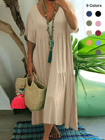 Plus-Size Women's Casual, Loose-Fitting, V-Neck Solid-Color Long Dress; Spring/Summer Pleated Plus-Size Women's Dress