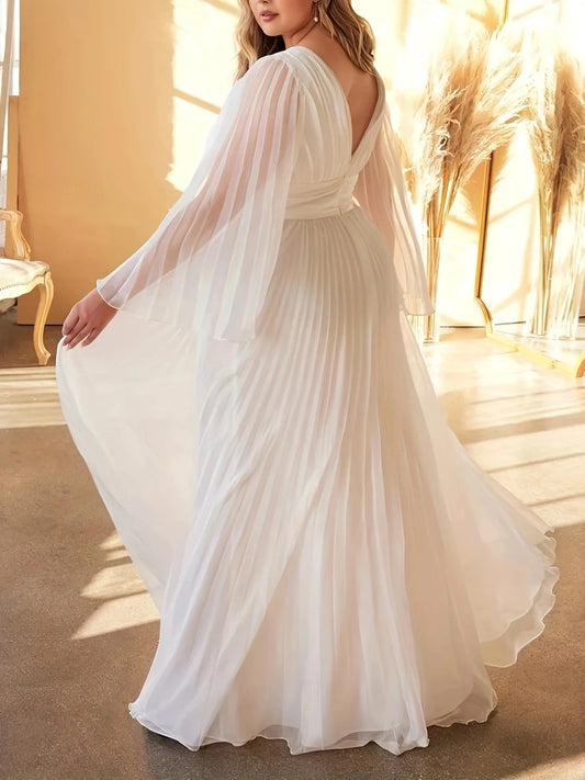 Plus Size Pleated Elegant Dress Female Solid V Neck Clothing Luxury Dinner Evening Long Robe 2025 Autumn Women Party Dress