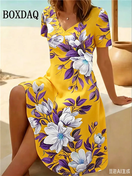 6XL Plus Size Women Dresses Summer Beach Casual A-Line Dress Vintage Boho Floral Print Short Sleeve V-Neck Loose Dress Vestidos