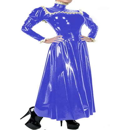 Plus Size Ladies Elegant Long Dress High Neck Ruched Trims Long Sleeved Vestidos Bodycon Back Zip Wetlook PVC Leather Ball Gowns